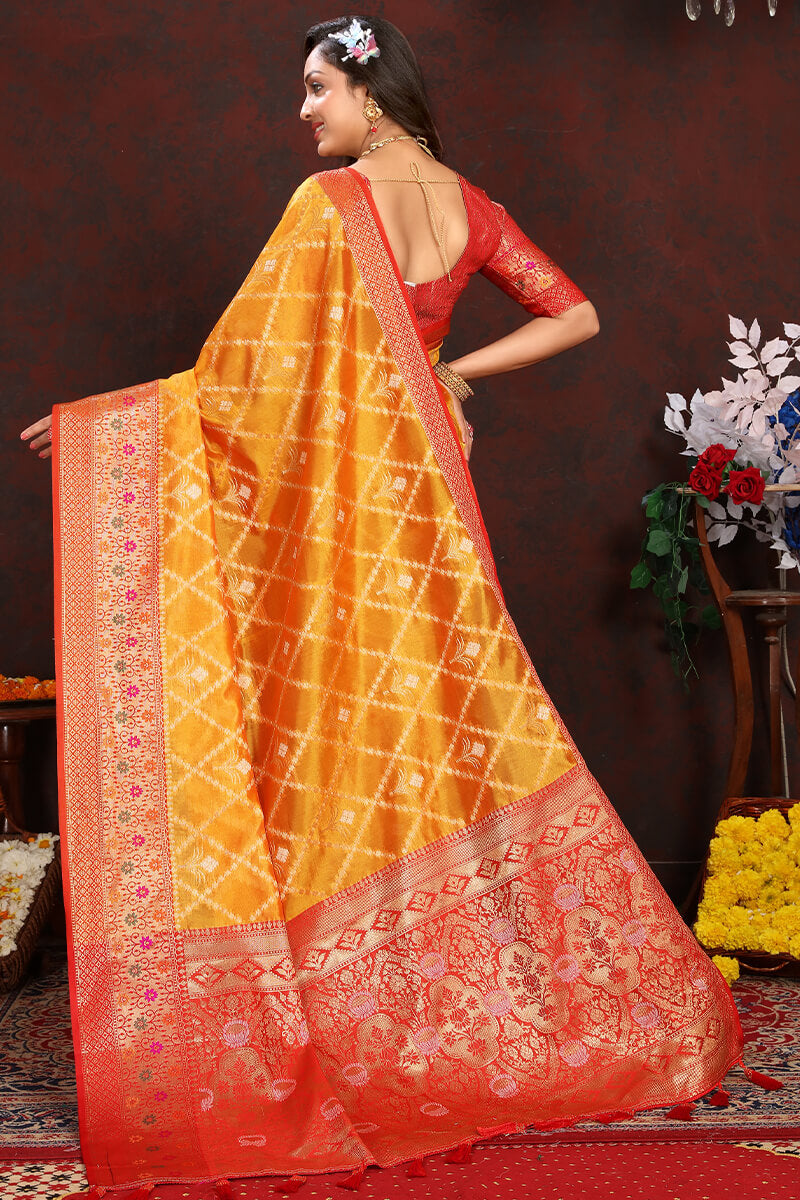 Excellent Yellow Soft Banarasi Silk Saree With Conflate Blouse Piece