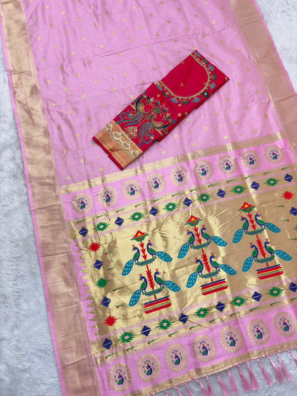 Traditional Baby Pink Paithani Silk Saree With Handwork Blouse Piece