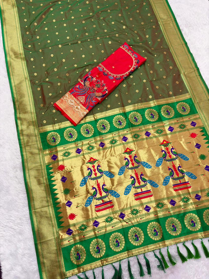 Dissemble Green Paithani Silk Saree With Handwork Blouse Piece