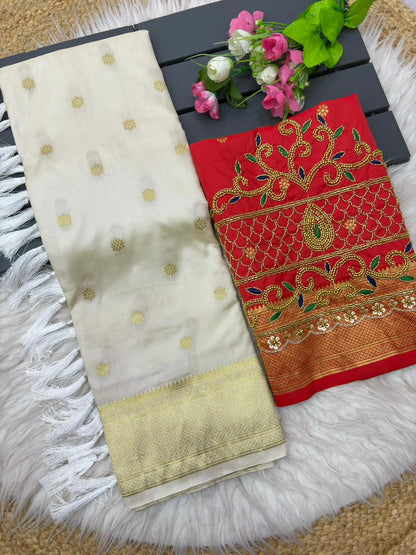 Snazzy Beige Paithani Silk Saree With Handwork Blouse Piece