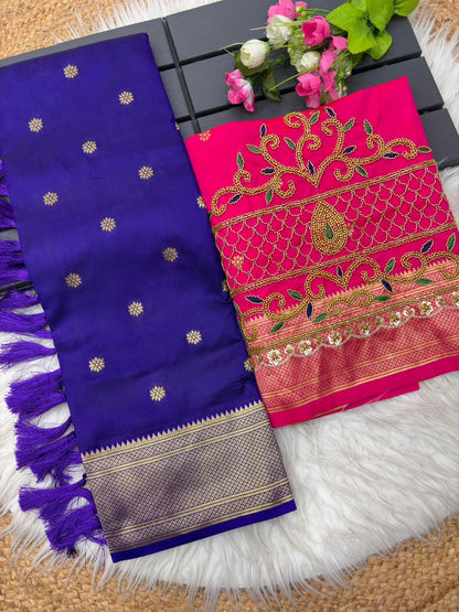 Intricate Royal Blue Paithani Silk Saree With Handwork Blouse Piece