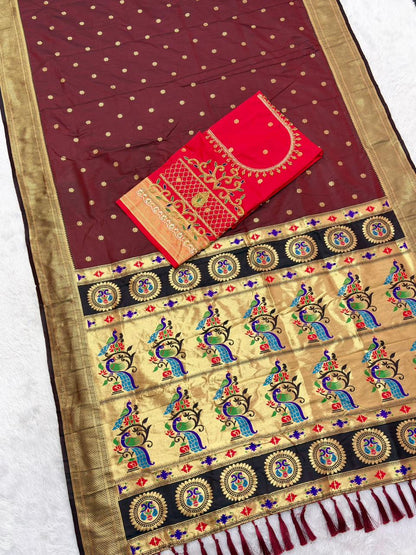 Sophisticated Maroon Paithani Silk Saree With Handwork Blouse Piece