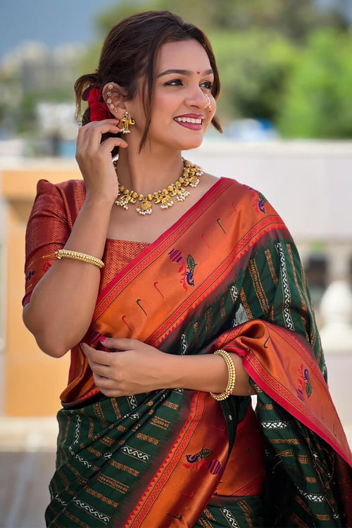 Load image into Gallery viewer, Classy Dark Green Paithani Silk Saree With Adorning Blouse Piece
