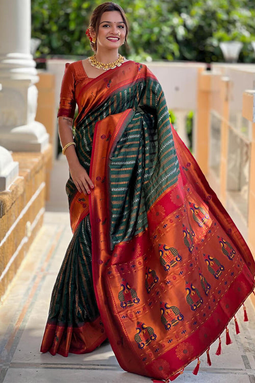 Load image into Gallery viewer, Classy Dark Green Paithani Silk Saree With Adorning Blouse Piece
