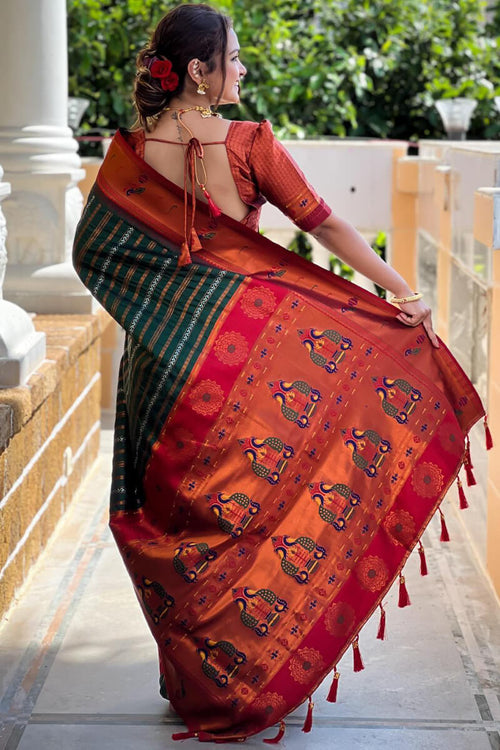 Load image into Gallery viewer, Classy Dark Green Paithani Silk Saree With Adorning Blouse Piece
