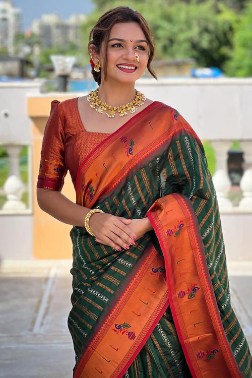 Load image into Gallery viewer, Classy Dark Green Paithani Silk Saree With Adorning Blouse Piece
