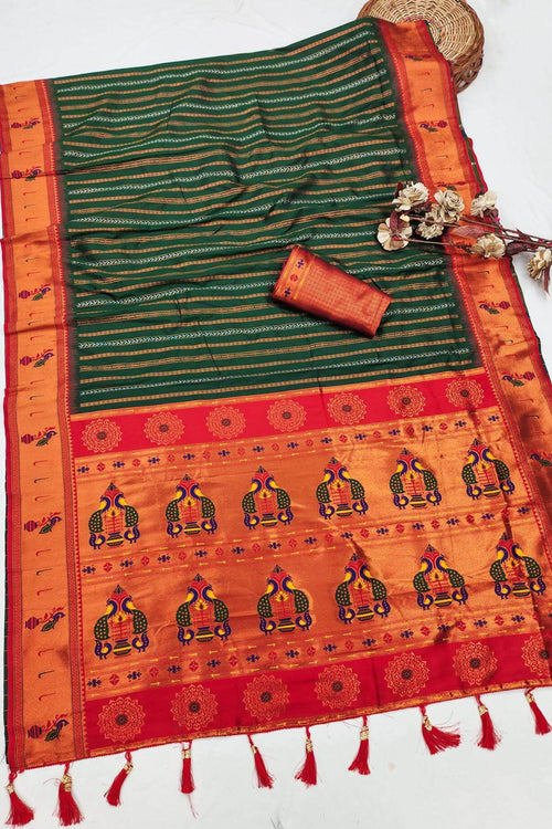 Load image into Gallery viewer, Classy Dark Green Paithani Silk Saree With Adorning Blouse Piece
