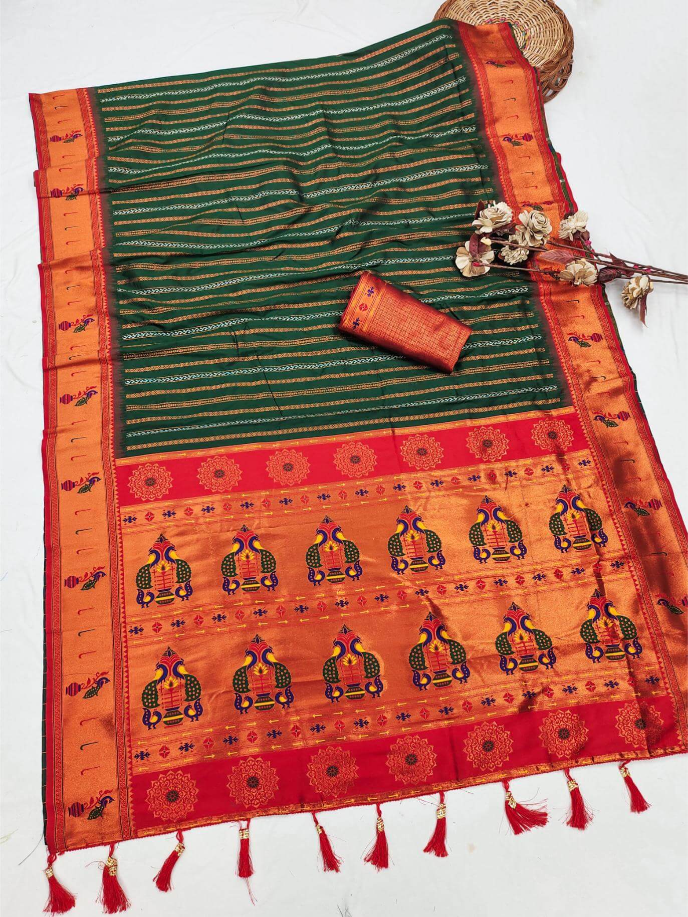 Classy Dark Green Paithani Silk Saree With Adorning Blouse Piece