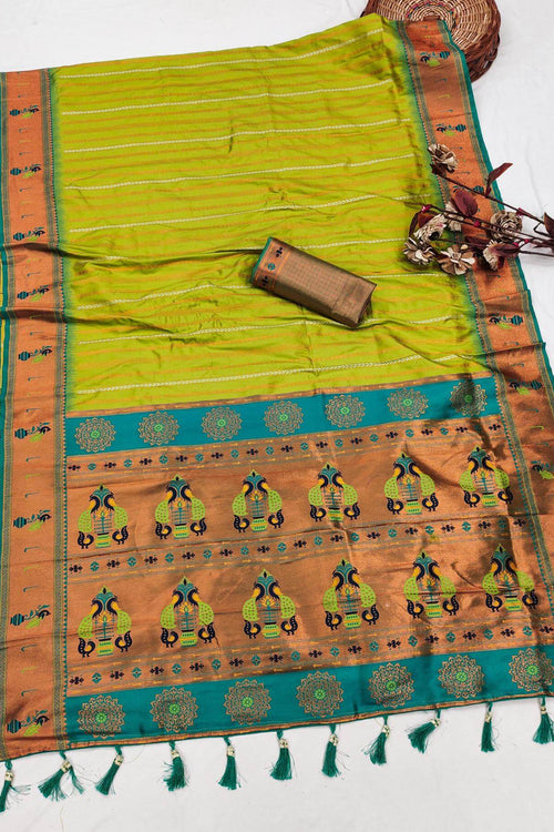 Load image into Gallery viewer, Mesmeric Mehndi Paithani Silk Saree With Fancifull Blouse Piece
