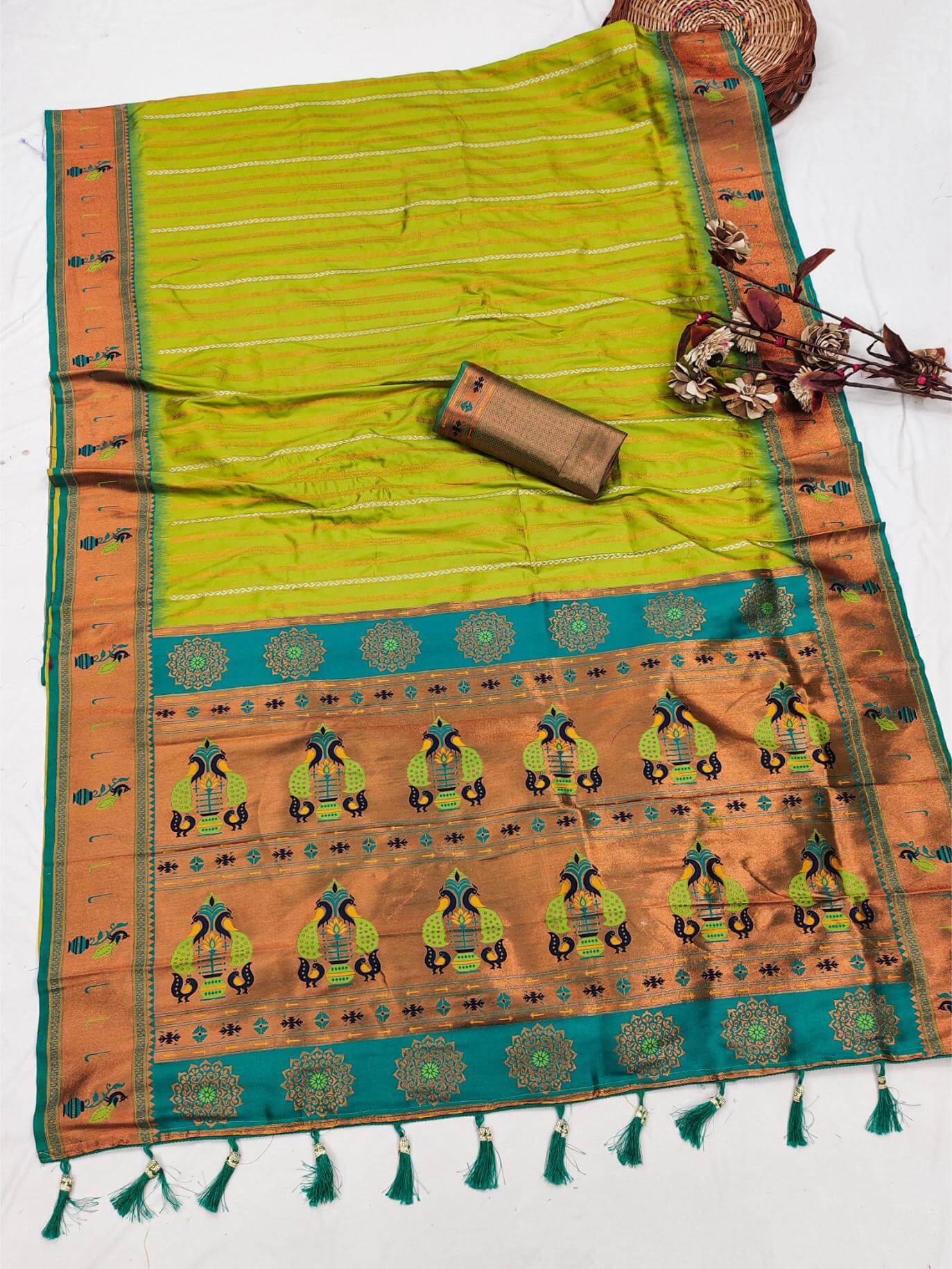 Mesmeric Mehndi Paithani Silk Saree With Fancifull Blouse Piece