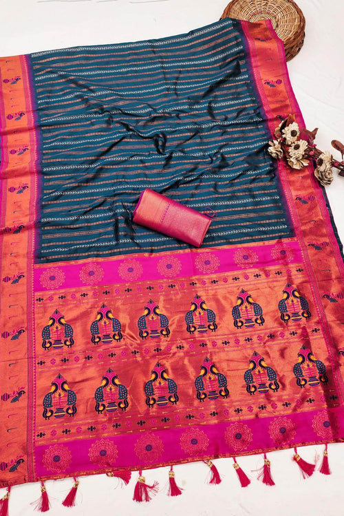 Load image into Gallery viewer, Delectable Teal Blue Paithani Silk Saree With Snazzy Blouse Piece
