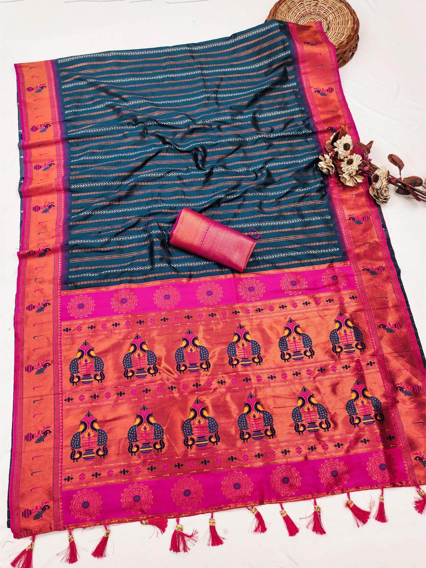 Delectable Teal Blue Paithani Silk Saree With Snazzy Blouse Piece