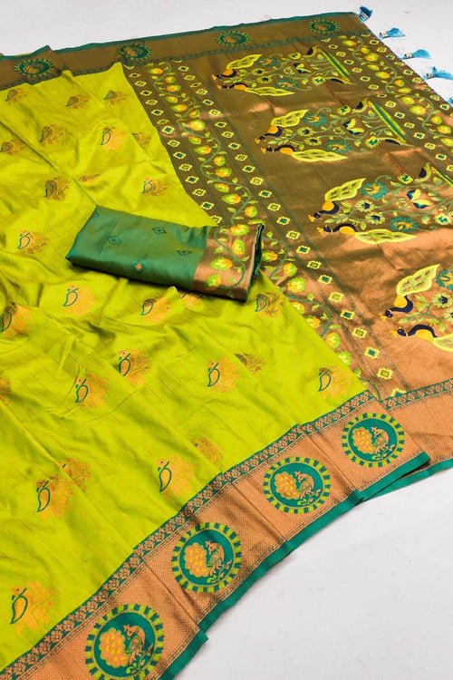 Load image into Gallery viewer, Pulsating Parrot Paithani Silk Saree With Jubilant Blouse Piece
