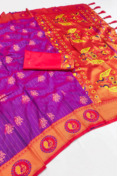 Load image into Gallery viewer, Profuse Purple Paithani Silk Saree With Artistic Blouse Piece
