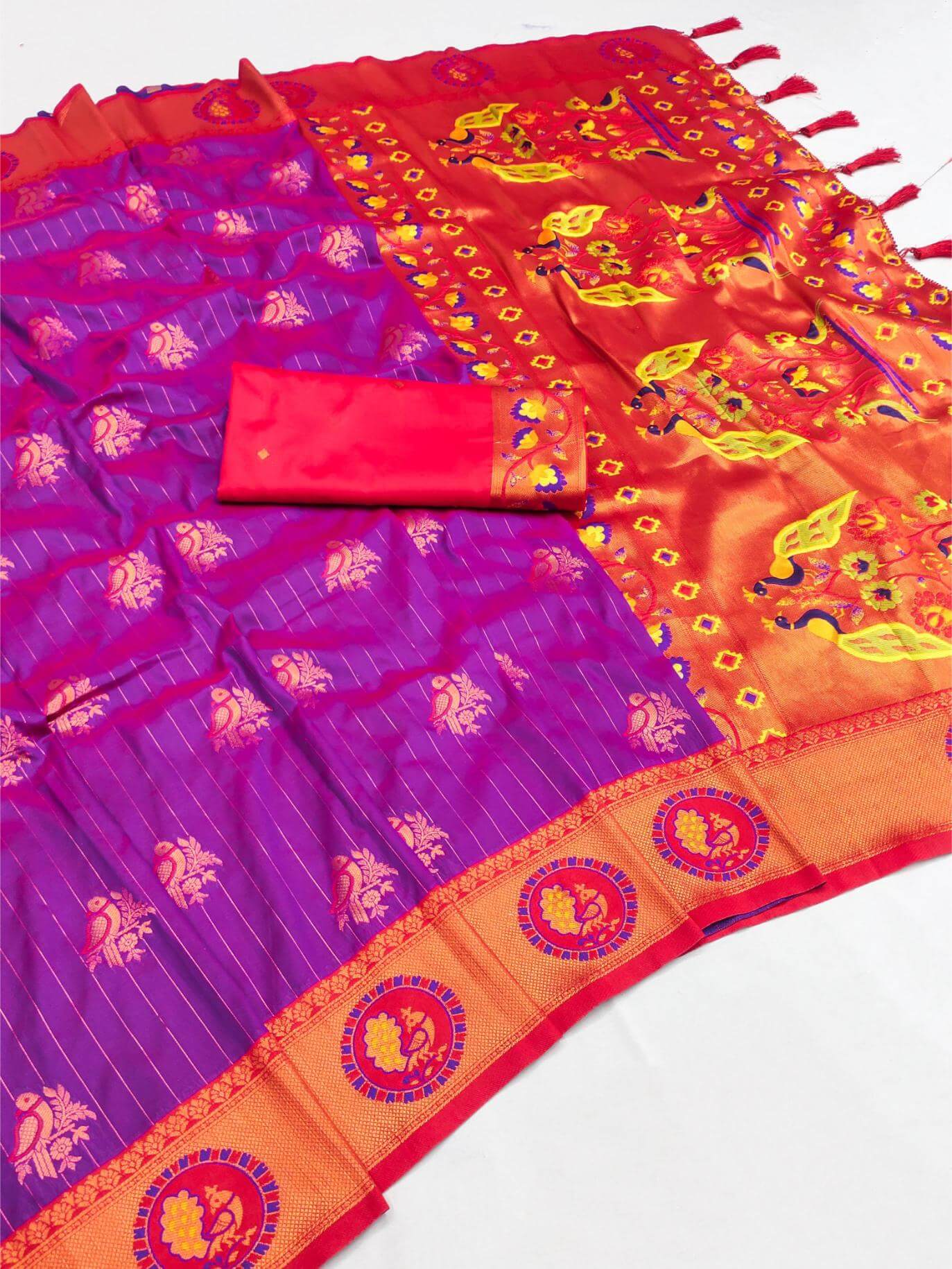 Profuse Purple Paithani Silk Saree With Artistic Blouse Piece