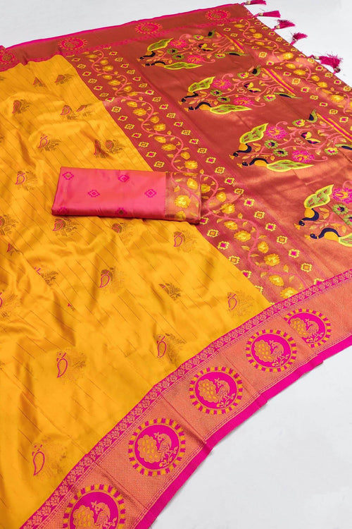 Load image into Gallery viewer, Mellifluous Yellow Paithani Silk Saree With Eloquence Blouse Piece
