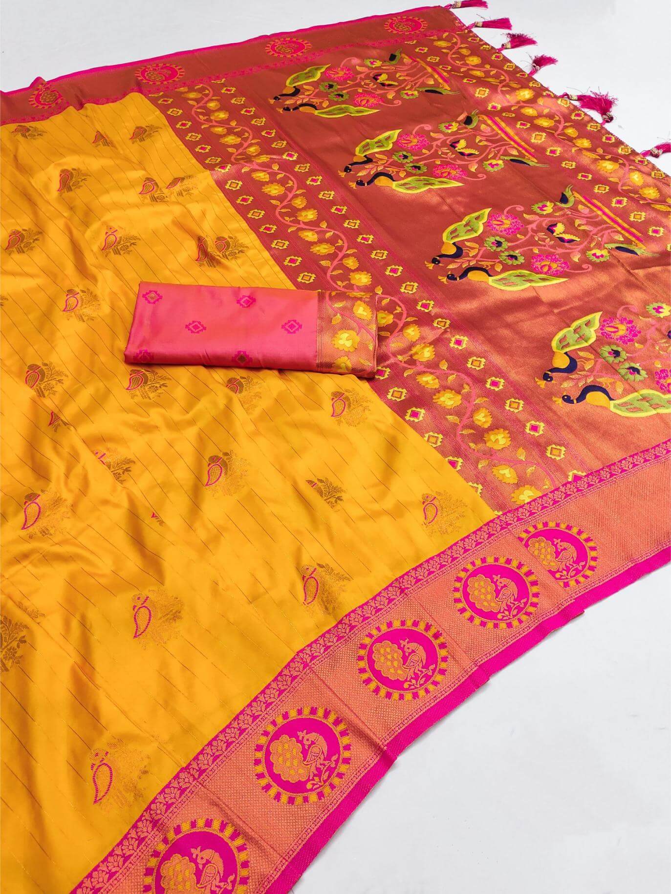 Mellifluous Yellow Paithani Silk Saree With Eloquence Blouse Piece