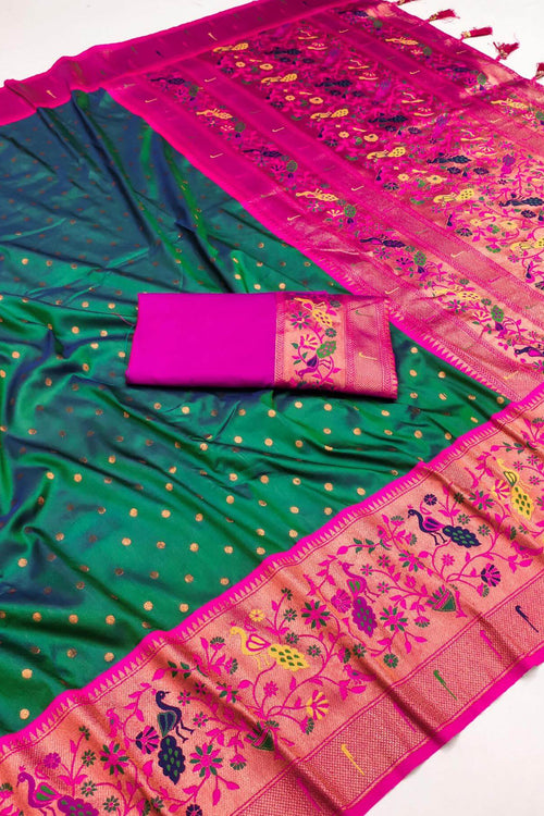 Load image into Gallery viewer, Profuse Dark Green Paithani Silk Saree With Radiant Blouse Piece
