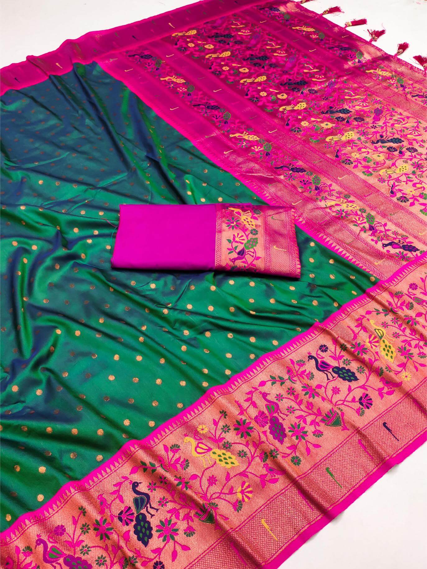 Profuse Dark Green Paithani Silk Saree With Radiant Blouse Piece