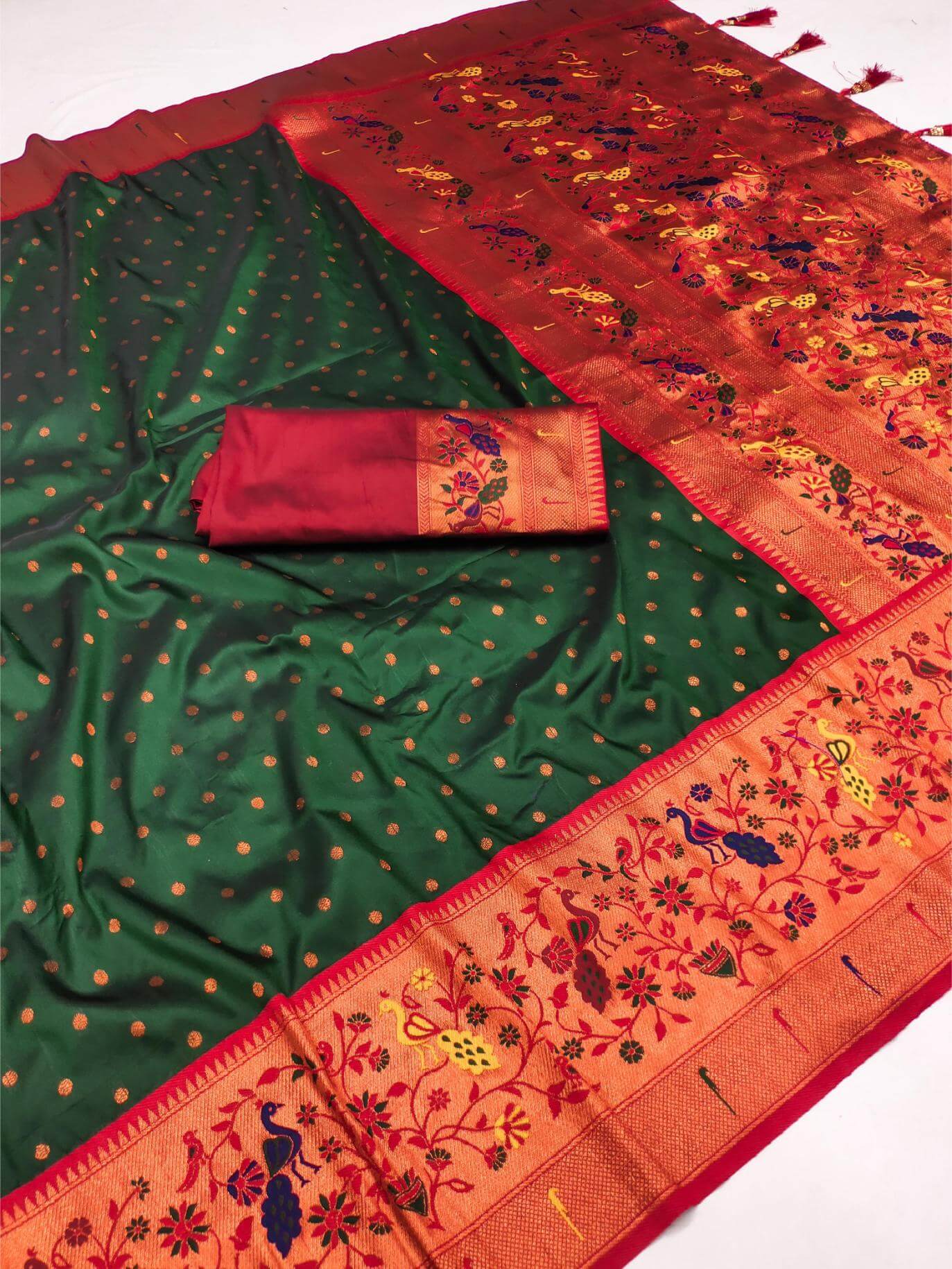 Rhapsody Dark Green Paithani Silk Saree With Nectarous Blouse Piece