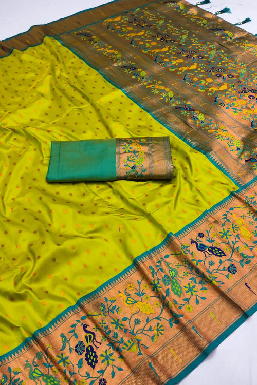 Load image into Gallery viewer, Ornate Mehndi Paithani Silk Saree With Incomparable Blouse Piece
