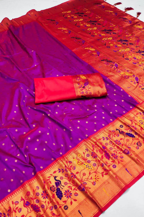 Load image into Gallery viewer, Snappy Purple Paithani Silk Saree With Sumptuous Blouse Piece
