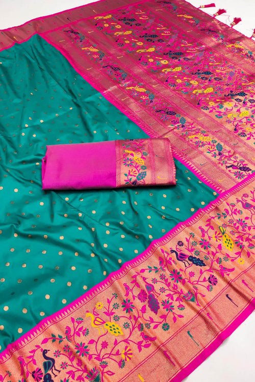 Load image into Gallery viewer, Murmurous Rama Paithani Silk Saree With Evanescent Blouse Piece
