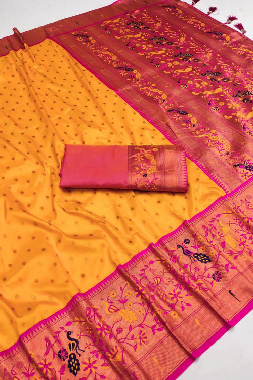 Load image into Gallery viewer, Splendorous Yellow Paithani Silk Saree With Resplendent Blouse Piece
