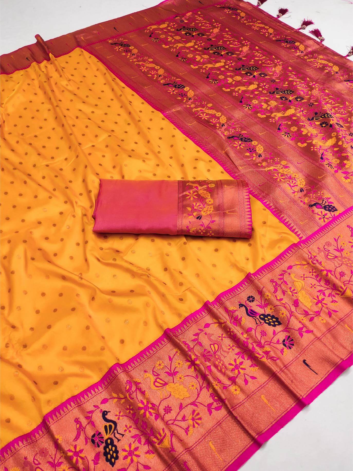 Splendorous Yellow Paithani Silk Saree With Resplendent Blouse Piece