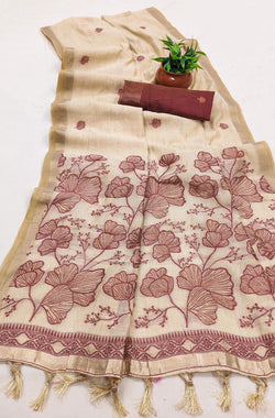 Whimsical Beige Pure Munga Cotton Silk Saree With Smart Blouse Piece