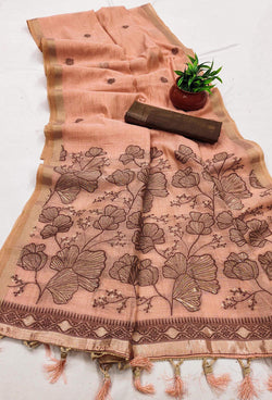 Angelic Peach Pure Munga Cotton Silk Saree With Luxuriant Blouse Piece