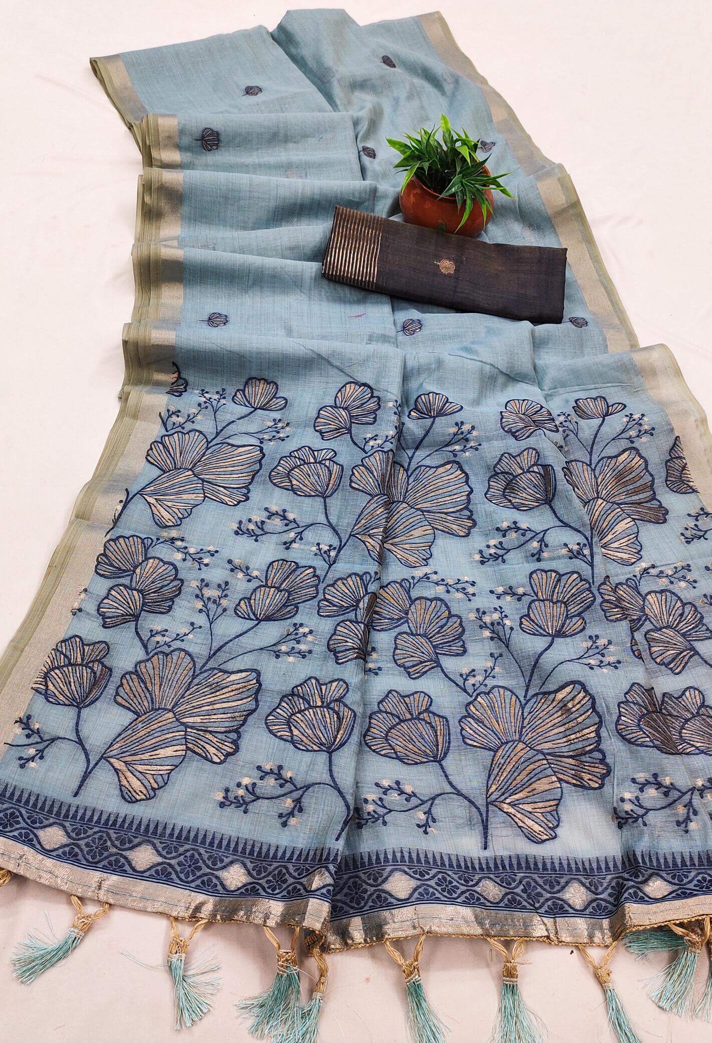 Breathtaking Sky Pure Munga Cotton Silk Saree With Trendy Blouse Piece