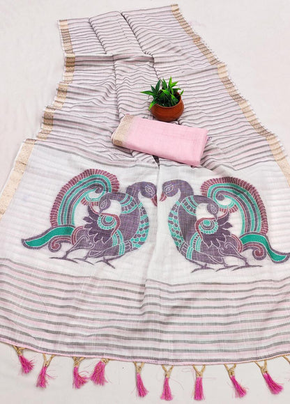 Lissome Baby Pink Linen Silk Saree With Trendy Blouse Piece