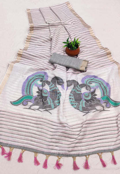 Energetic Grey Linen Silk Saree With Demure Blouse Piece