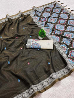 Alluring Brown Pure Munga Cotton Silk Saree With Skinny Blouse Piece