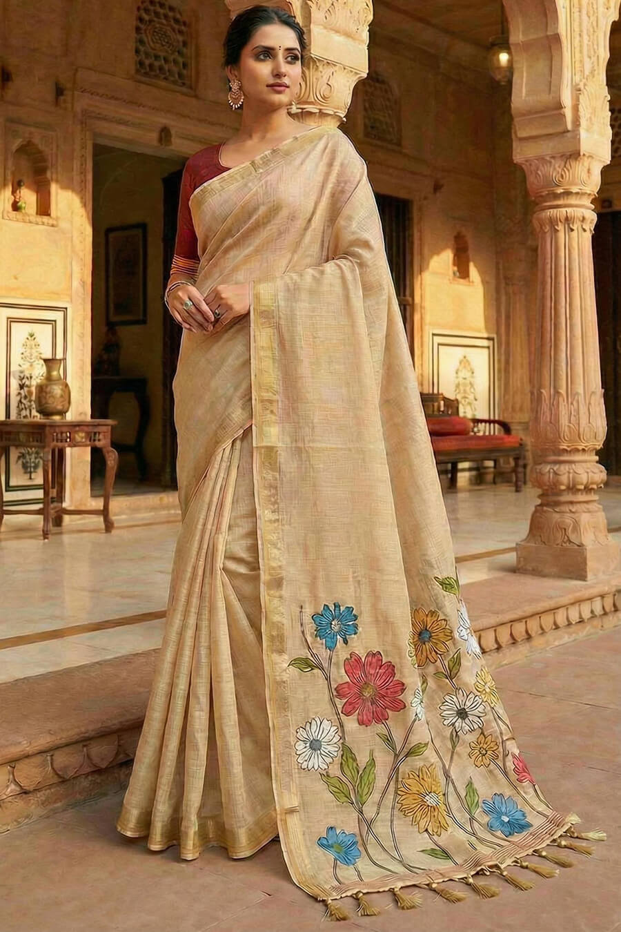 Conflate Beige Pure Munga Cotton Silk Saree With Innovative Blouse Piece