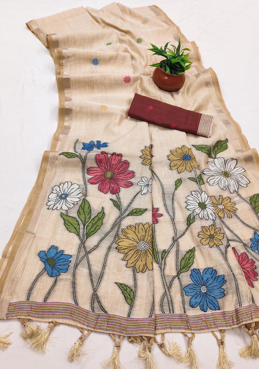 Conflate Beige Pure Munga Cotton Silk Saree With Innovative Blouse Piece