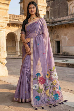Ephemeral Lavender Pure Munga Cotton Silk Saree With Desiring Blouse Piece