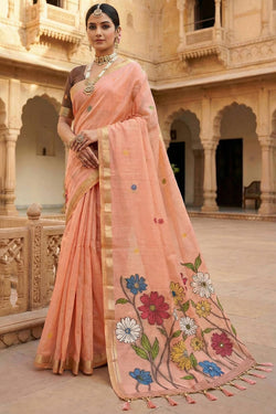 Designer Peach Pure Munga Cotton Silk Saree With Adorning Blouse Piece
