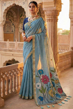 Magnetic Sky Pure Munga Cotton Silk Saree With Outstanding Blouse Piece