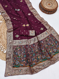 Entrancing Wine Banarasi Dola Silk Saree With Incredible Blouse Piece