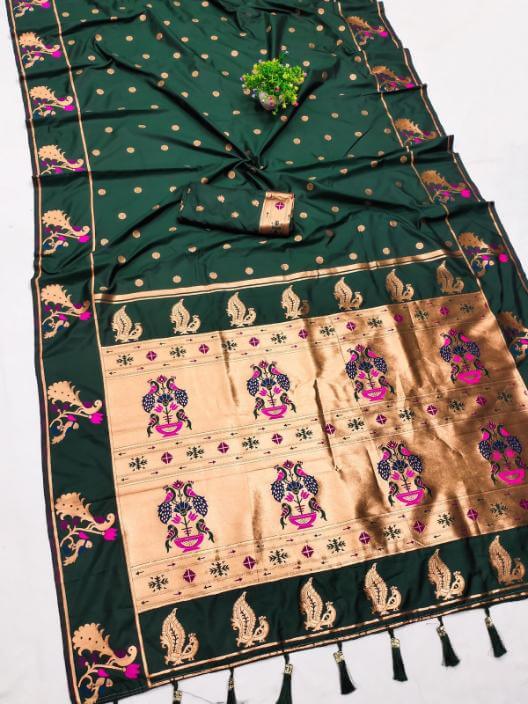 Evocative Dark Green Paithani Silk Saree With Redolent Blouse Piece