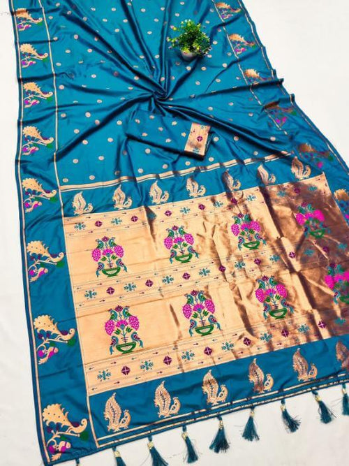 Load image into Gallery viewer, Ornate Firozi Paithani Silk Saree With Vibrant Blouse Piece
