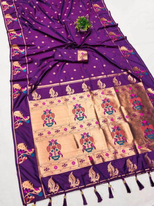 Load image into Gallery viewer, Cynosure Purple Paithani Silk Saree With Sonorous Blouse Piece
