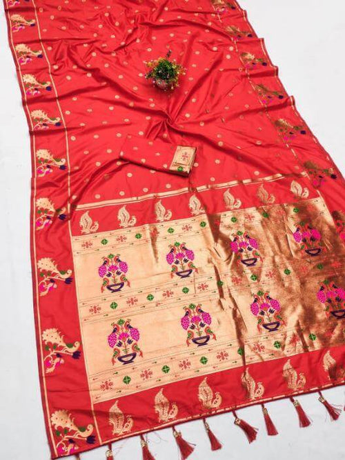 Load image into Gallery viewer, Rhapsody Red Paithani Silk Saree With Scintillating Blouse Piece
