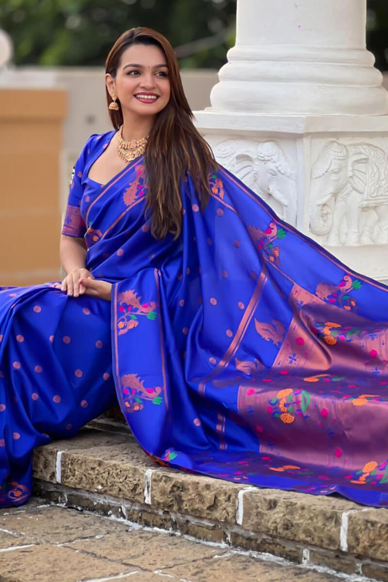 Prodigal Royal Blue Paithani Silk Saree With Amiable Blouse Piece