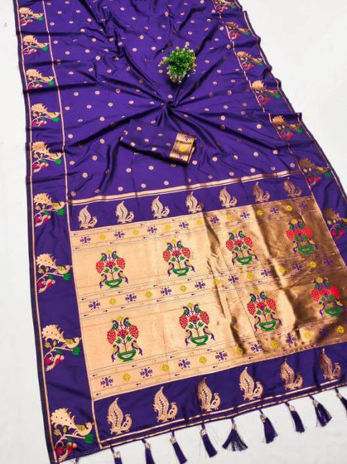 Load image into Gallery viewer, Vestigial Royal Purple Paithani Silk Saree With Nemesis Blouse Piece
