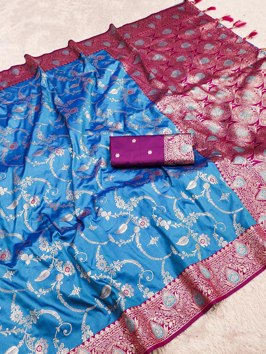 Prodigal Firozi Soft Banarasi Silk Saree With Beautiful Blouse Piece