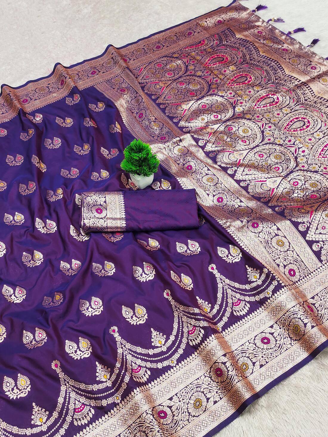 Redolent Royal Purple Soft Banarasi Silk Saree With Elegant Blouse Piece