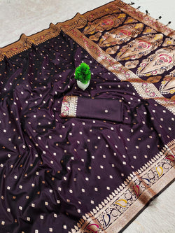 Desiring Wine Soft Banarasi Silk Saree With Splendorous Blouse Piece
